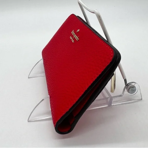 Kate Spade Large Pebbled Leather Slim Bifold Wallet Red - Picture 6 of 7